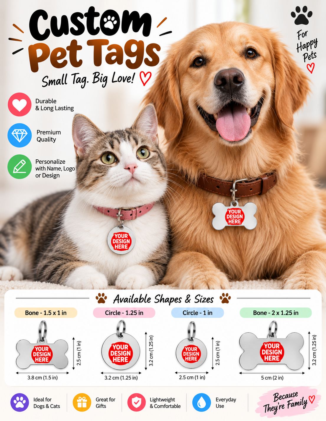 Custom pet tags for dogs and cats shown on a golden retriever and a tabby cat, with a large promotional header reading 'Custom Pet Tags' and a size/specification chart at the bottom showing available shapes and dimensions.