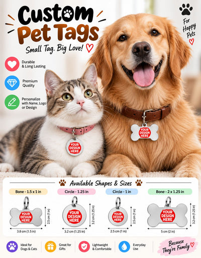 Custom pet tags for dogs and cats shown on a golden retriever and a tabby cat, with a large promotional header reading 'Custom Pet Tags' and a size/specification chart at the bottom showing available shapes and dimensions.