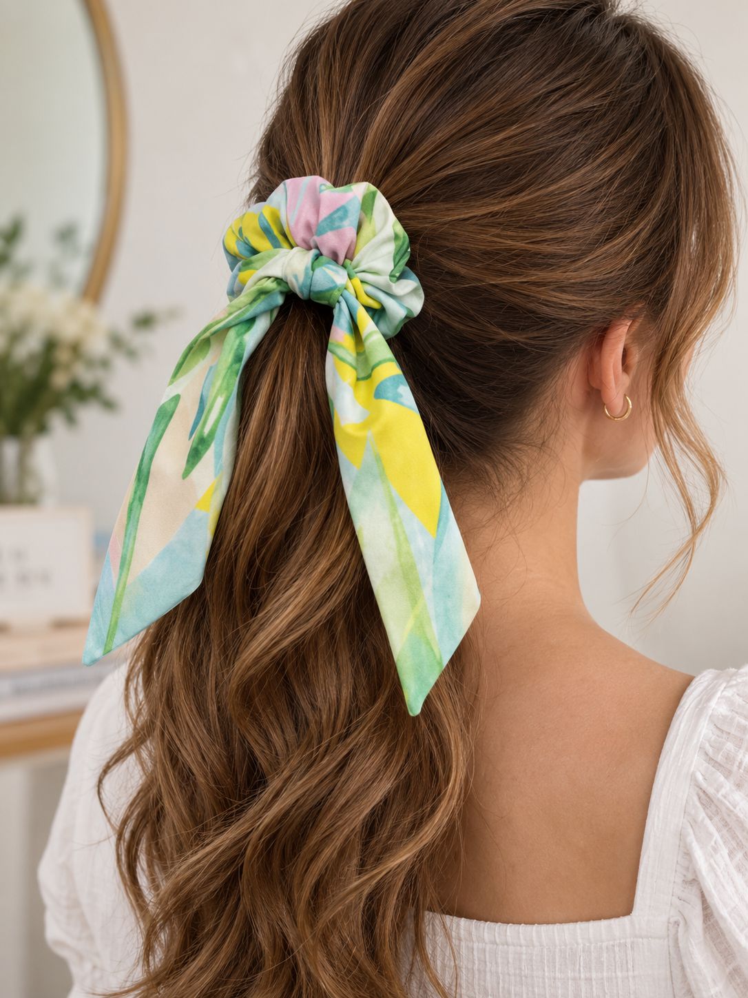 Custom printed bow scrunchie with removable bow tail