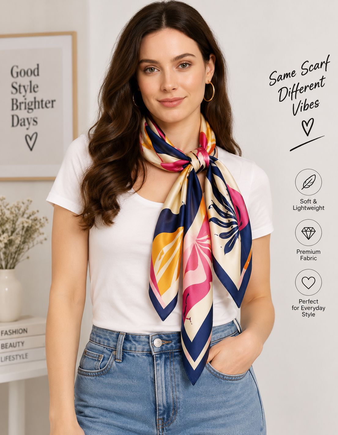 Custom printed scarf styled around the neck with colorful floral pattern