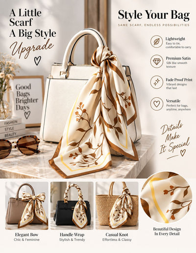Custom printed scarf tied around a handbag showing stylish handbag accessory styling