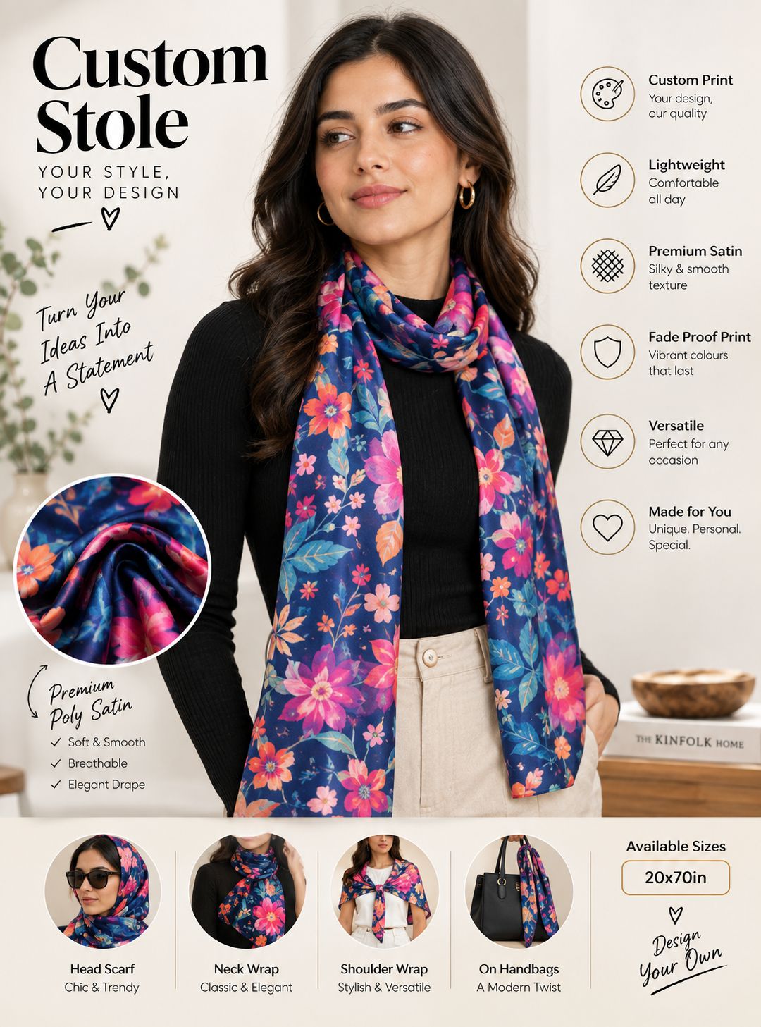 Custom printed stole infographic showing premium satin fabric, features and styling options