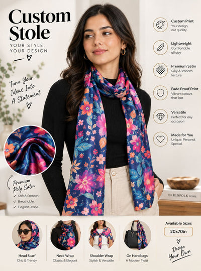 Custom printed stole infographic showing premium satin fabric, features and styling options