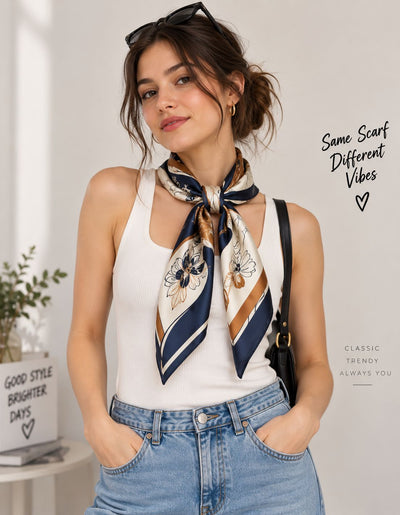 Custom scarf styled as a neck wrap with sunglasses for a chic everyday look