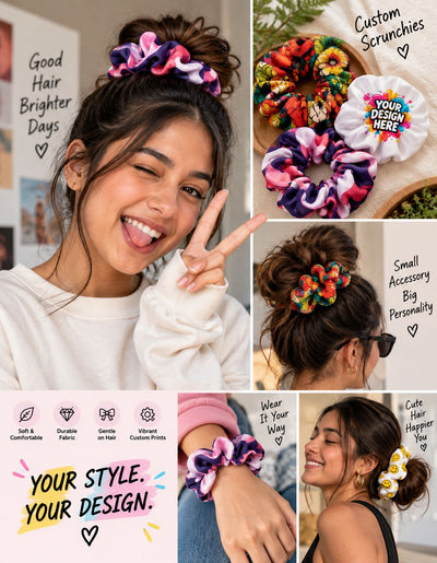 Custom scrunchies with personalized designs for ponytails and buns