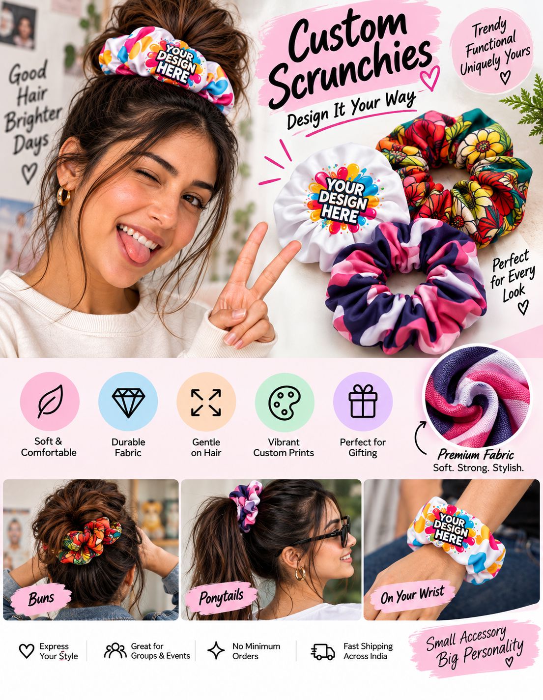 Custom scrunchies with personalized prints for stylish everyday hair accessories