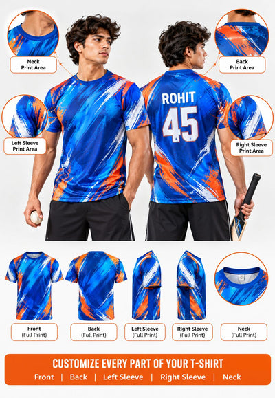 Custom sports T-shirt printing on front, back, sleeves and neck