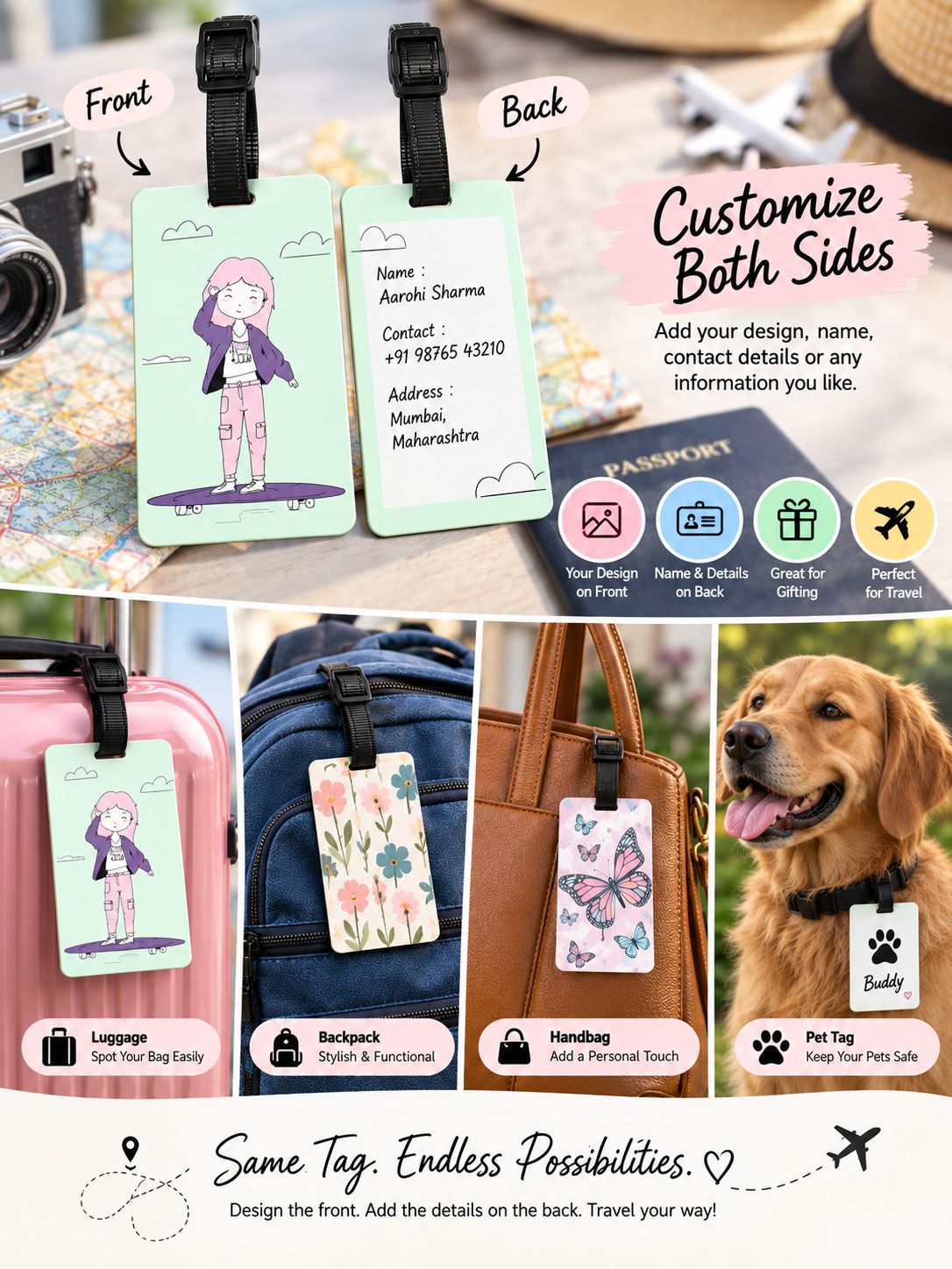 Customizable luggage tags shown on a travel-themed collage with front and back design examples, plus examples attached to a suitcase, backpack, handbag, and a dog tag. Text highlights customization options and uses icons for features like print design, name & details, gift wrap, and pet travel.