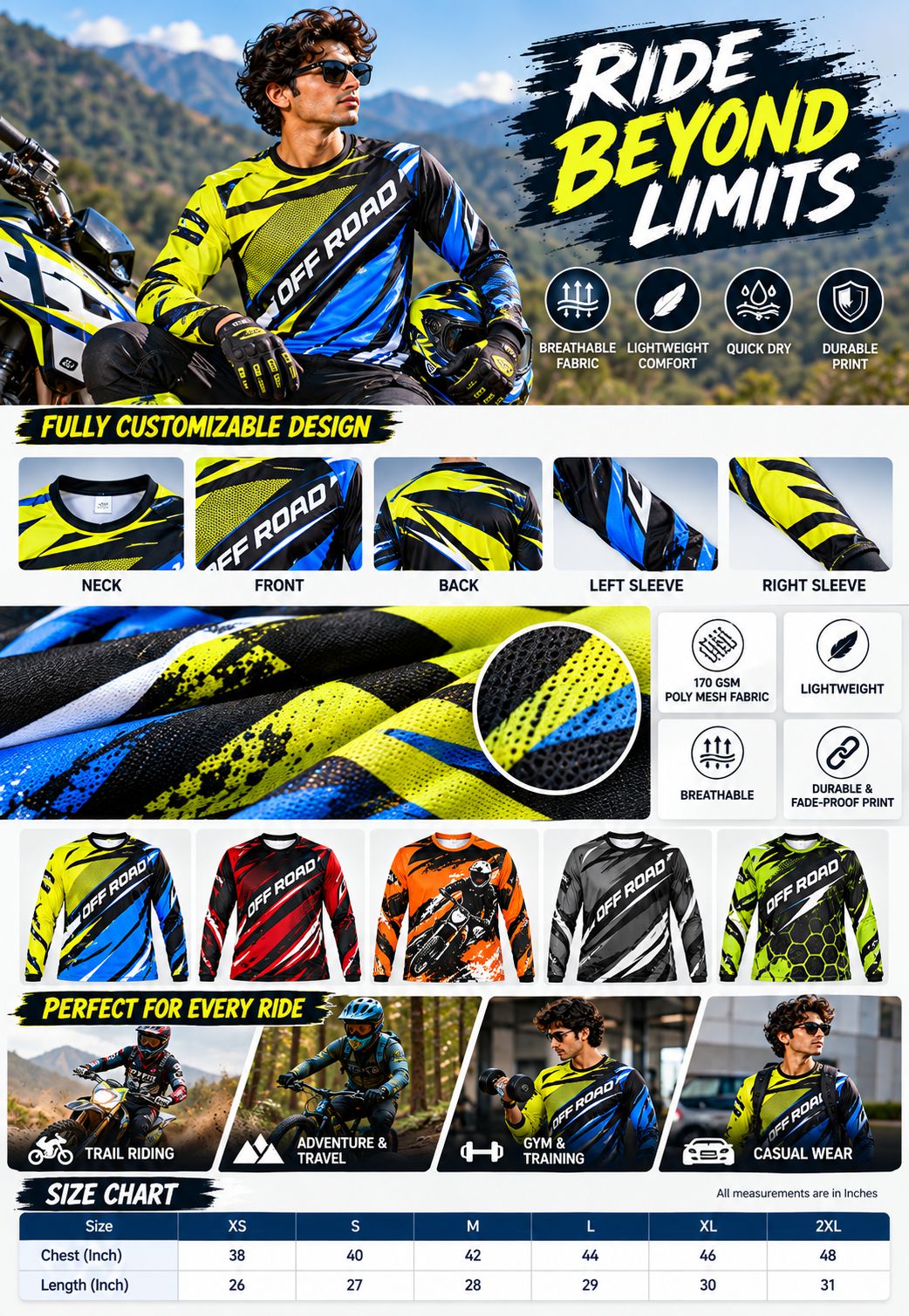 Customizable off-road motocross jersey mockup and product information graphic. Features a model wearing a blue, black, and yellow jersey, close-up fabric swatches, front/back/neck/sleeve customization options, and a size chart on a blue graphic background.