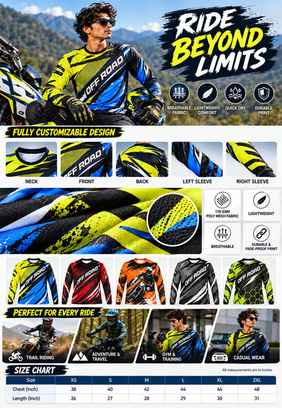 Customizable off-road motocross jersey mockup and product information graphic. Features a model wearing a blue, black, and yellow jersey, close-up fabric swatches, front/back/neck/sleeve customization options, and a size chart on a blue graphic background.