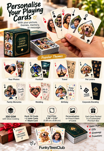 Customizable playing cards shown in a promotional collage with a hand holding a deck, the product box, sample cards for different themes, and feature icons. Text reads 'Personalise Your Playing Cards' and 'FunkyTeesClub'.