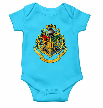 Sky blue baby boy romper with colorful house crest graphic