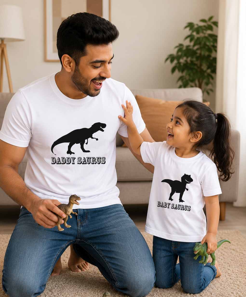 Man and child wearing matching 'Daddy Saurus' and 'Babyaurus' t-shirts in a living room.
