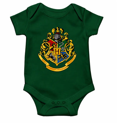 Green baby boy romper with colorful house crest graphic