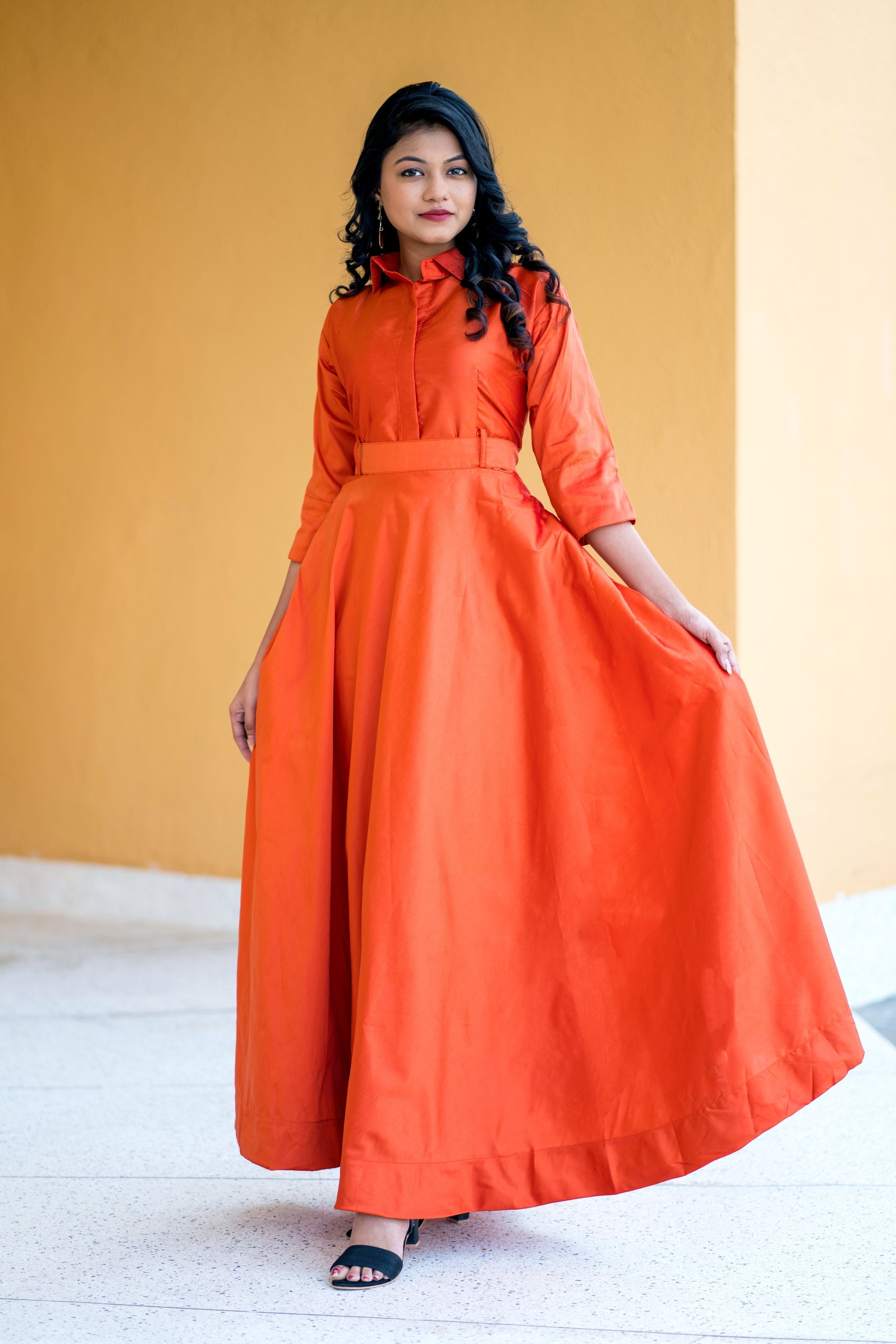 Designer Wear Copper Taffeta Silk Gown With Collar For Party and Office Wear- FunkyTeesClub