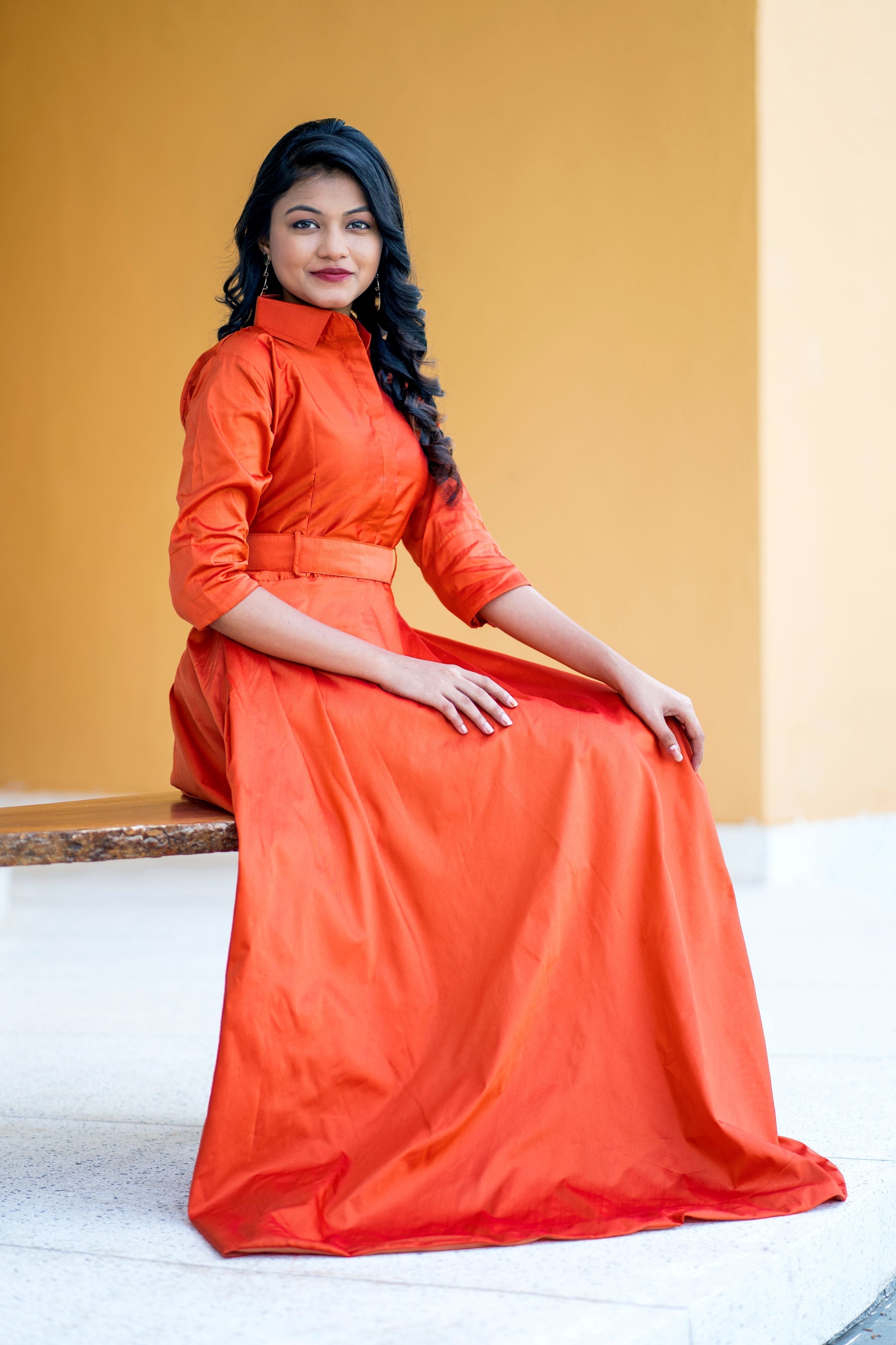 Designer Wear Copper Taffeta Silk Gown With Collar For Party and Office Wear- FunkyTeesClub