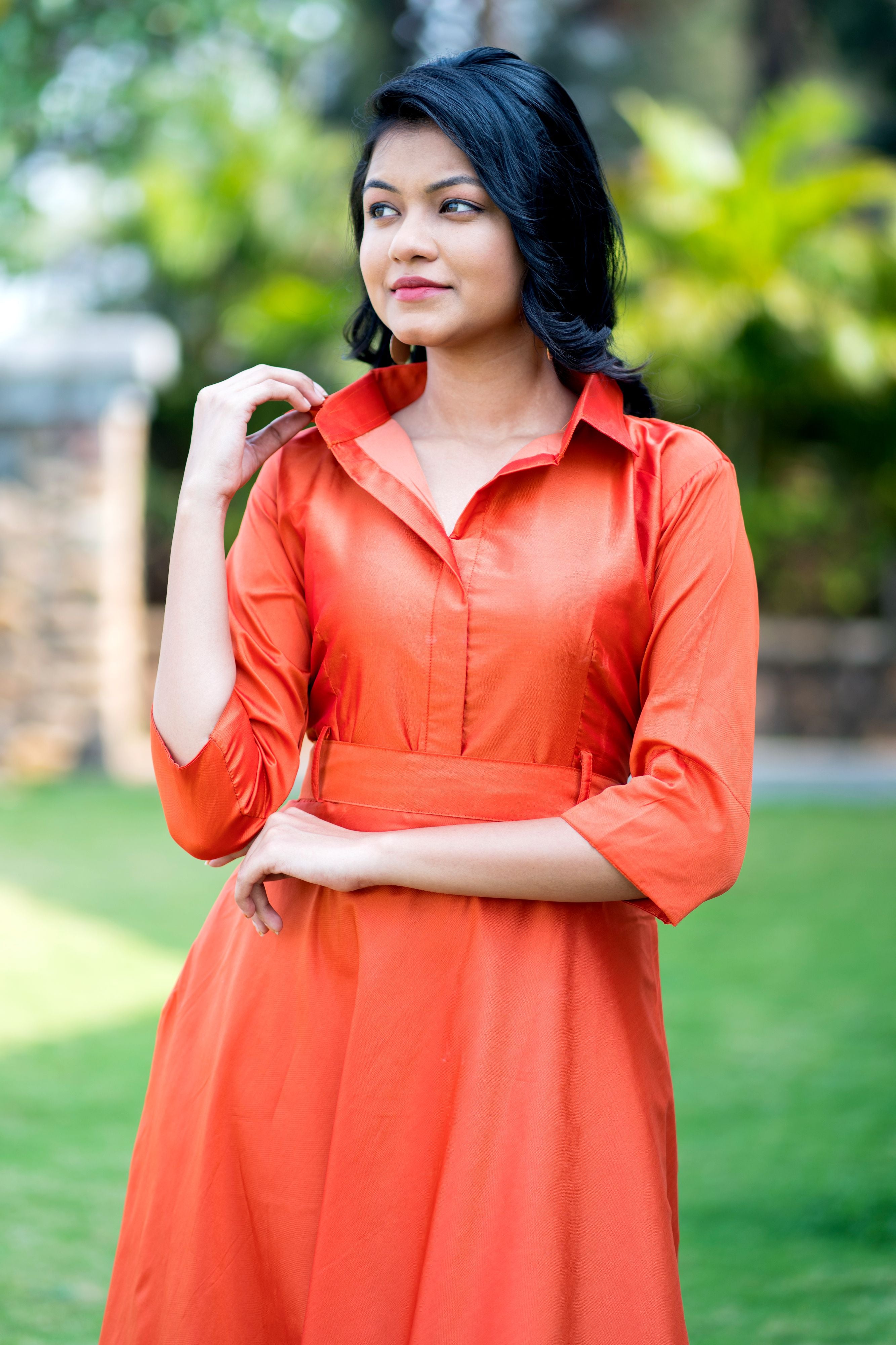 Designer Wear Copper Taffeta Silk Gown With Collar For Party and Office Wear- FunkyTeesClub