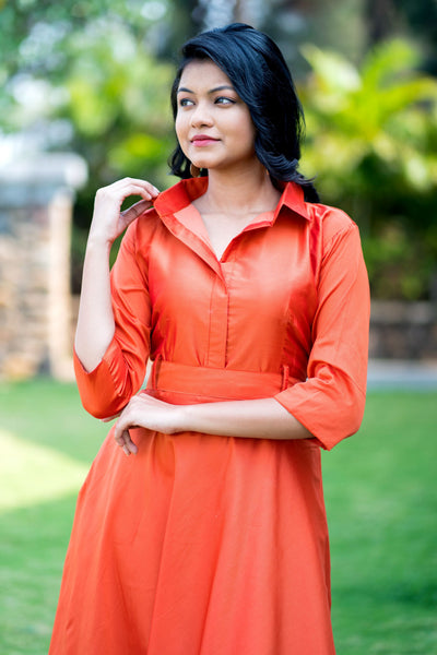 Designer Wear Copper Taffeta Silk Gown With Collar For Party and Office Wear- FunkyTeesClub