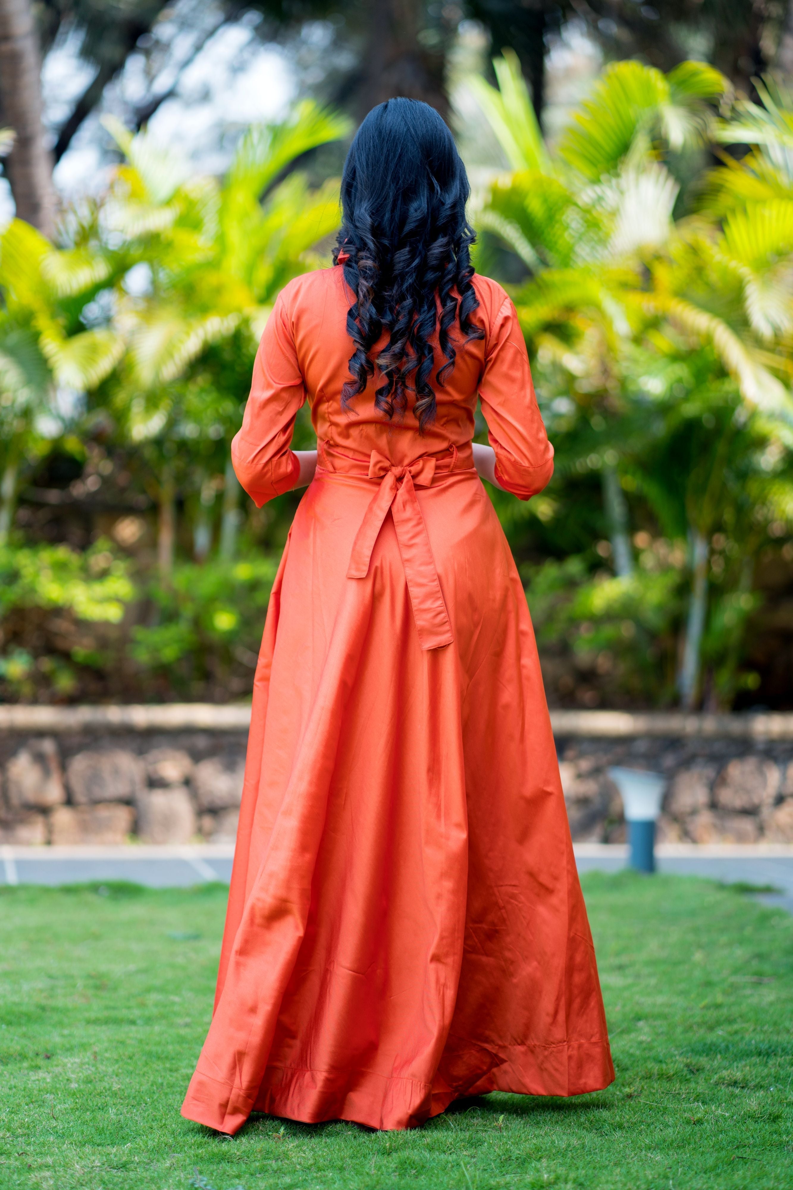 Designer Wear Copper Taffeta Silk Gown With Collar For Party and Office Wear- FunkyTeesClub