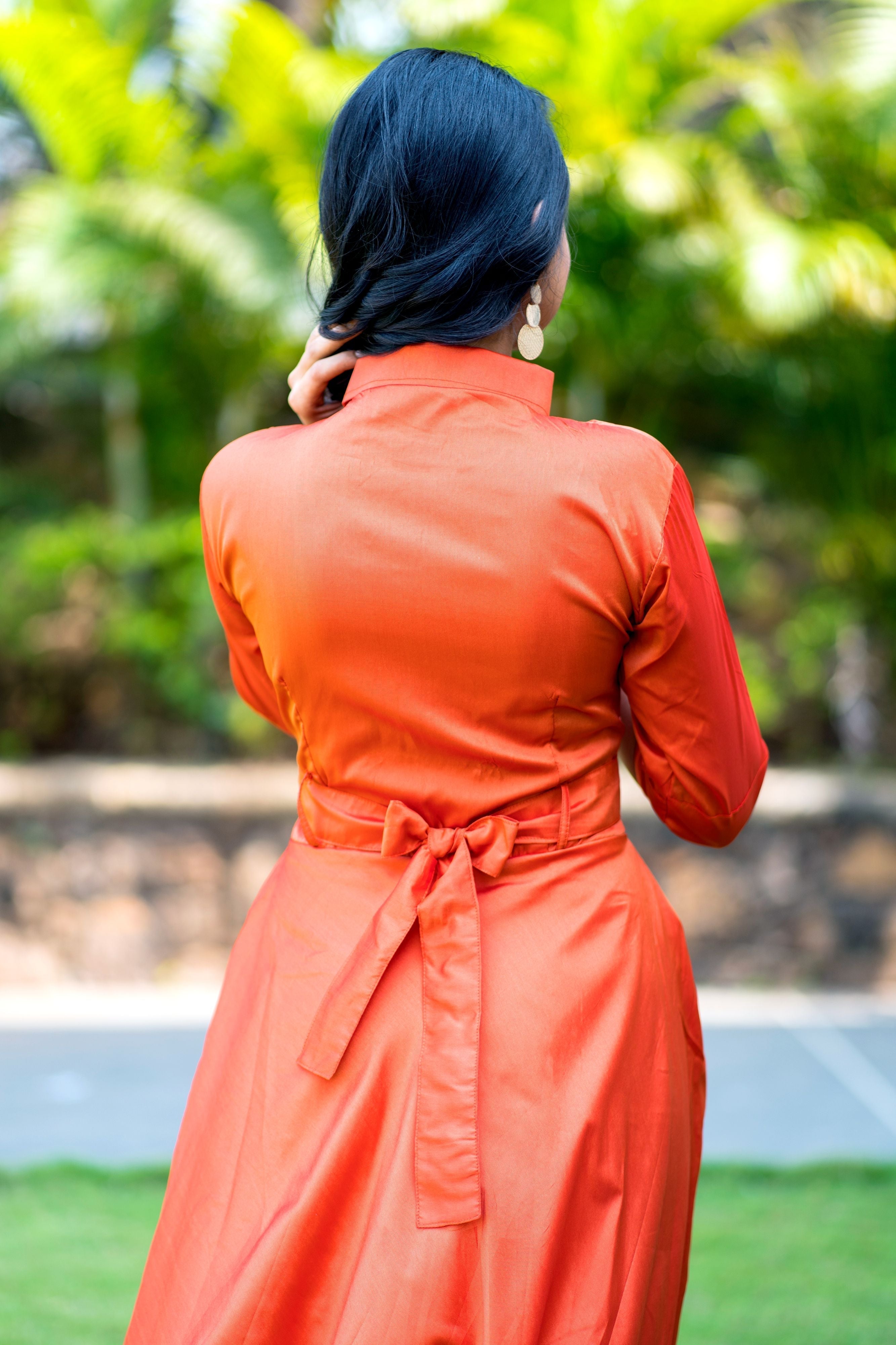 Designer Wear Copper Taffeta Silk Gown With Collar For Party and Office Wear- FunkyTeesClub