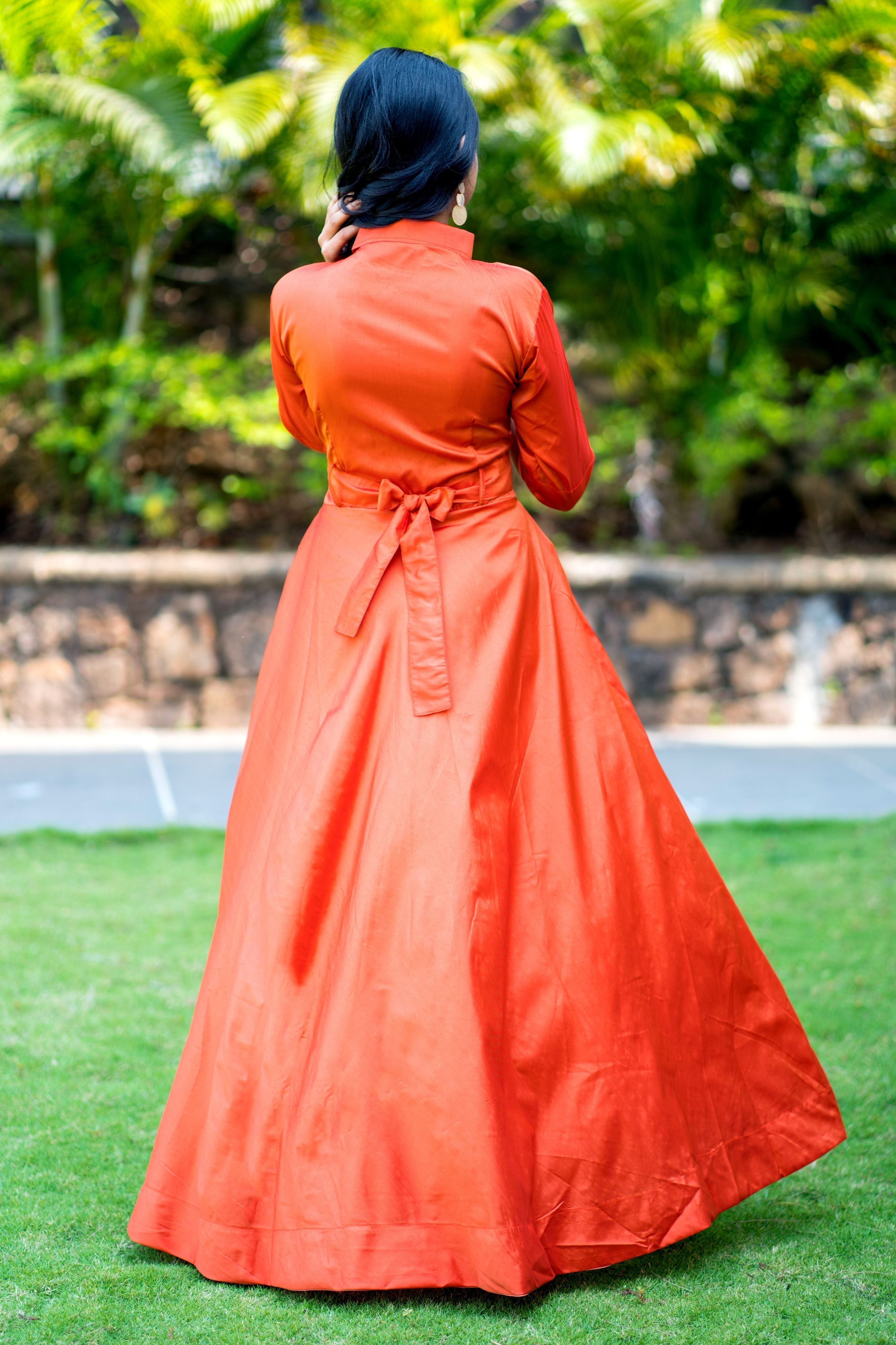 Designer Wear Copper Taffeta Silk Gown With Collar For Party and Office Wear- FunkyTeesClub