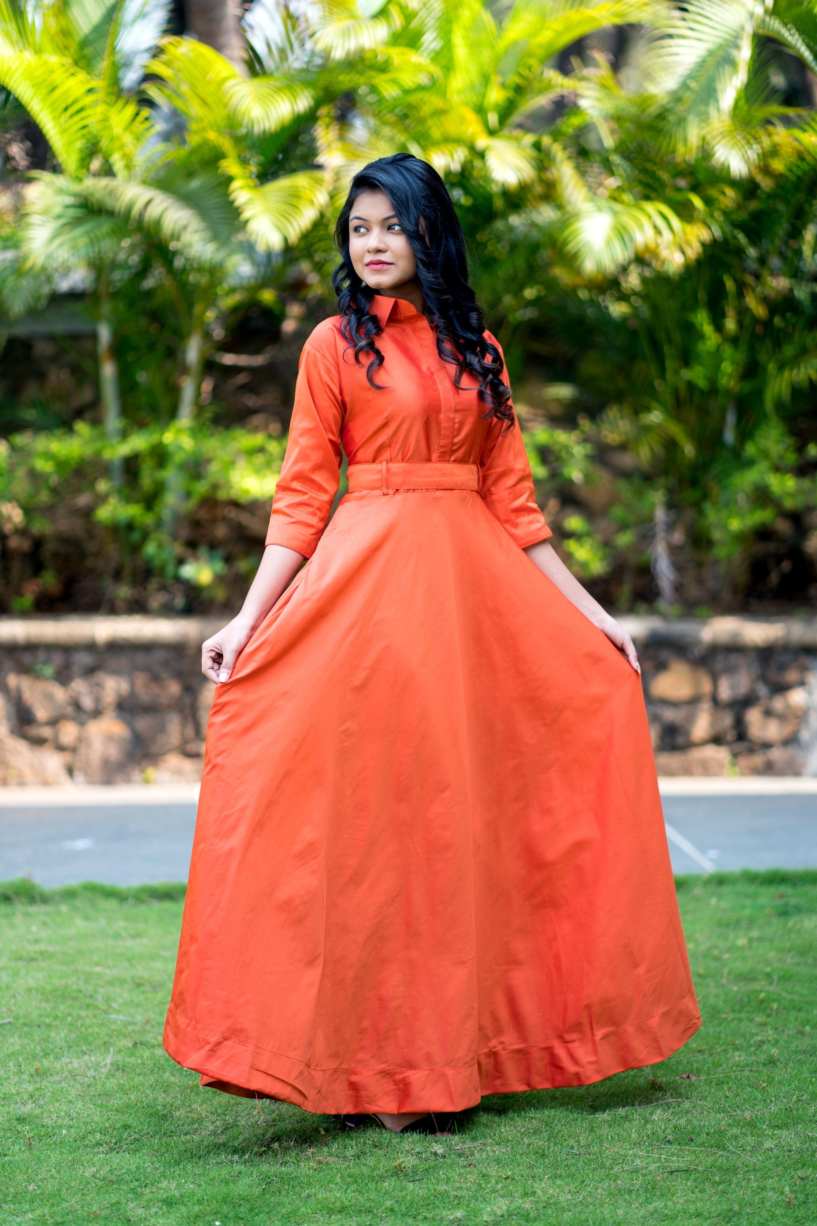 Designer Wear Copper Taffeta Silk Gown With Collar For Party and Office Wear- FunkyTeesClub