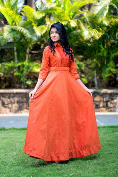 Designer Wear Copper Taffeta Silk Gown With Collar For Party and Office Wear- FunkyTeesClub