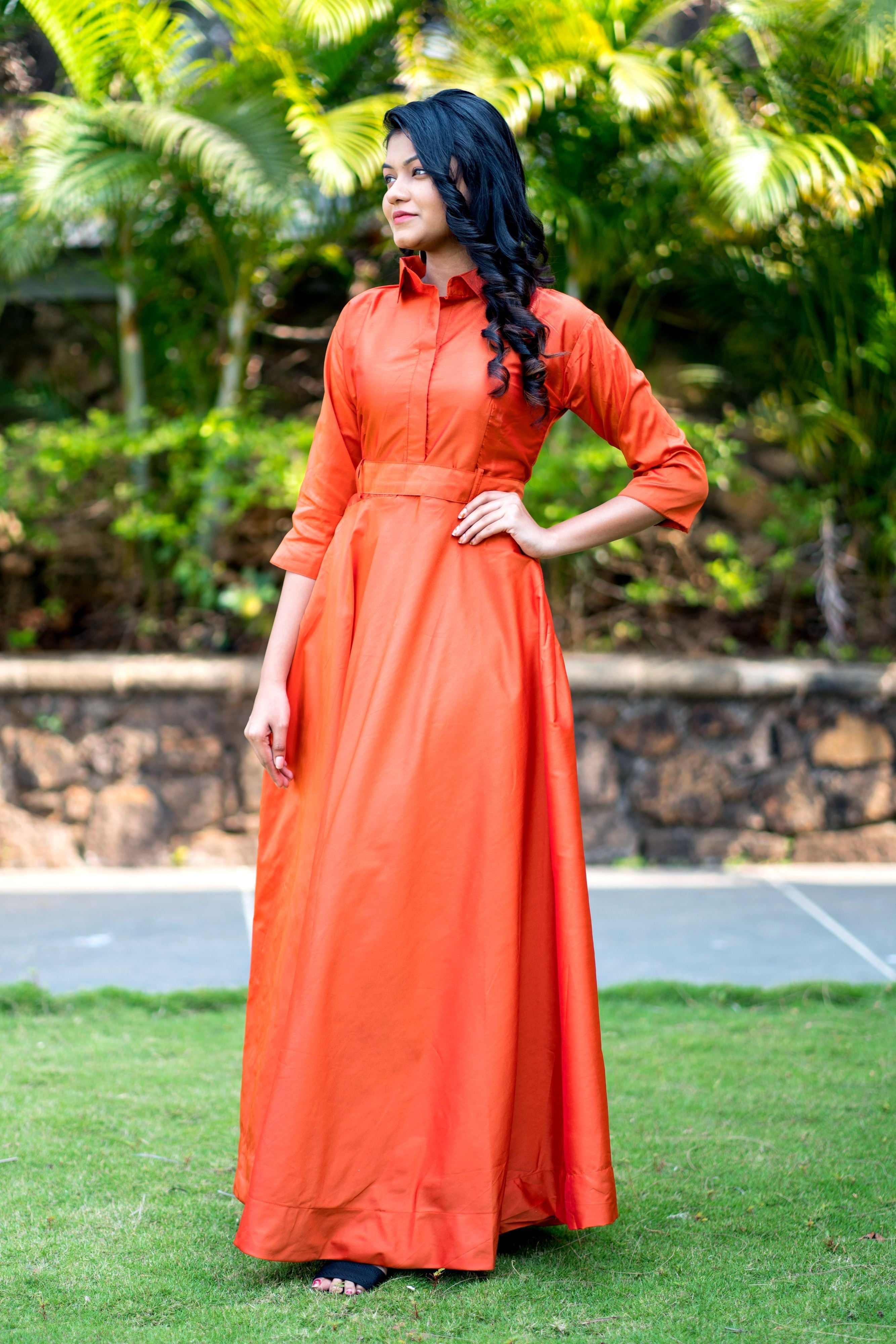 Designer Wear Copper Taffeta Silk Gown With Collar For Party and Office Wear- FunkyTeesClub