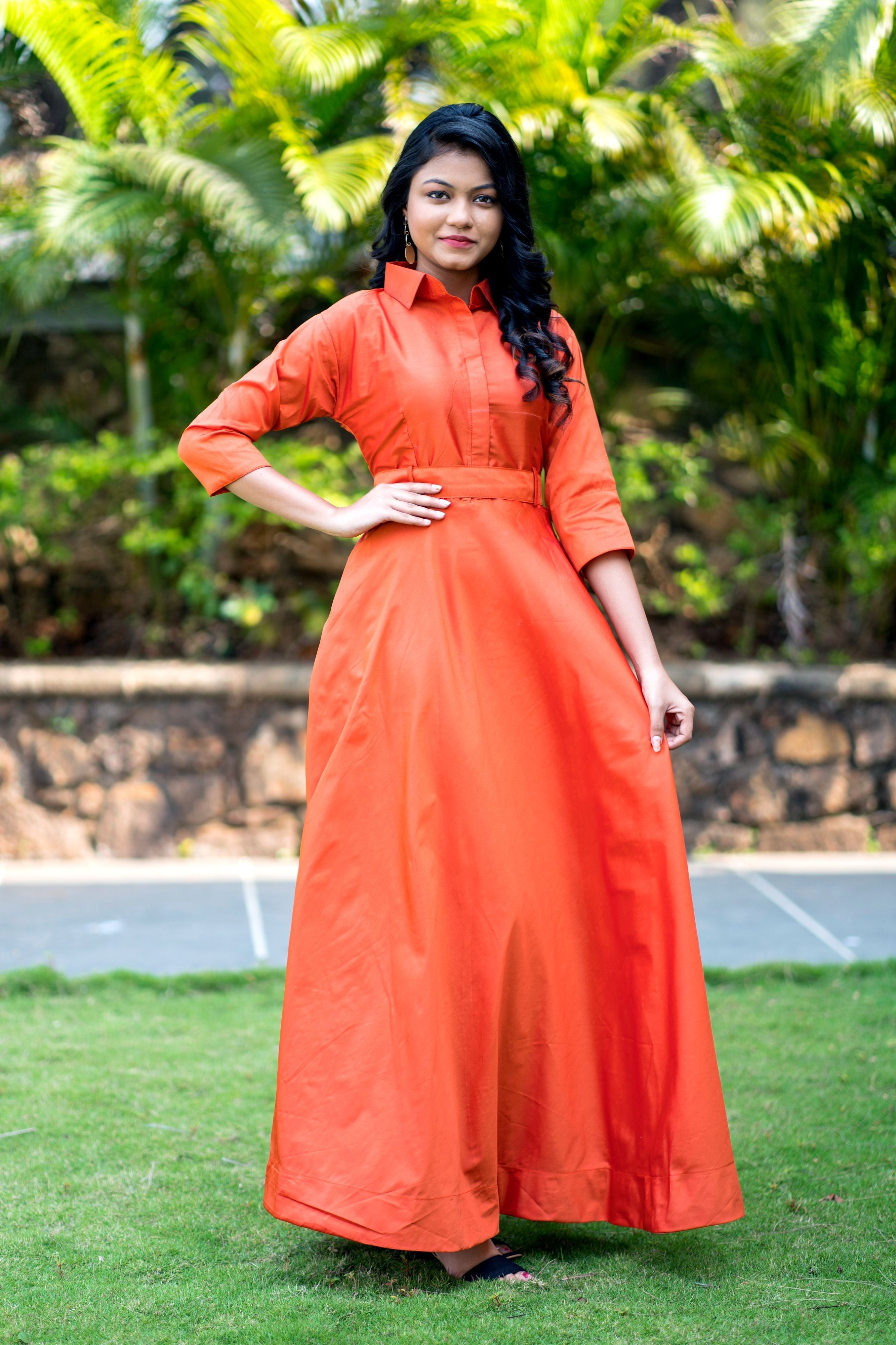 Designer Wear Copper Taffeta Silk Gown With Collar For Party and Office Wear- FunkyTeesClub
