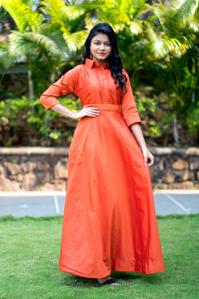 Designer Wear Copper Taffeta Silk Gown With Collar For Party and Office Wear- FunkyTeesClub