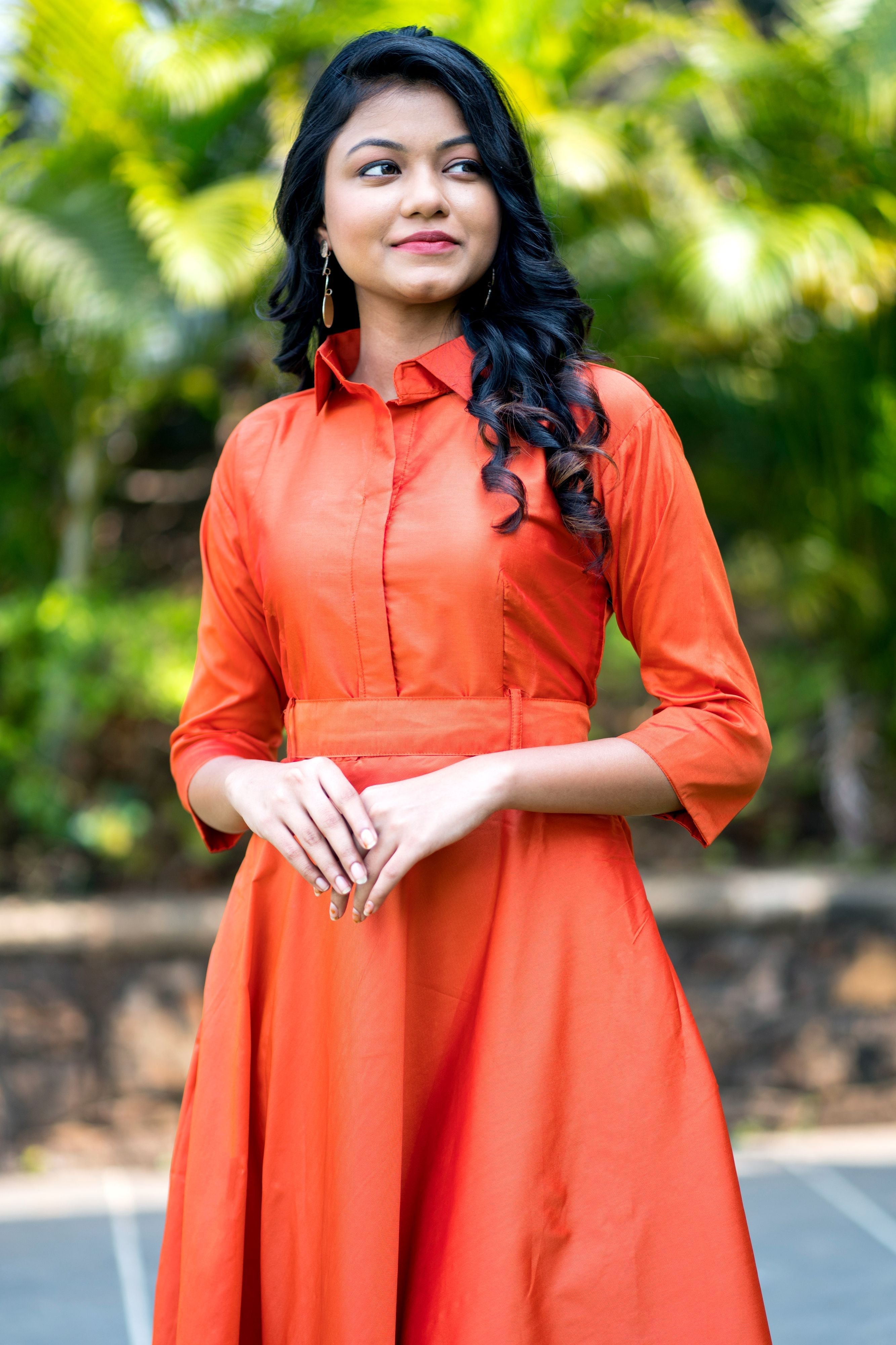 Designer Wear Copper Taffeta Silk Gown With Collar For Party and Office Wear- FunkyTeesClub