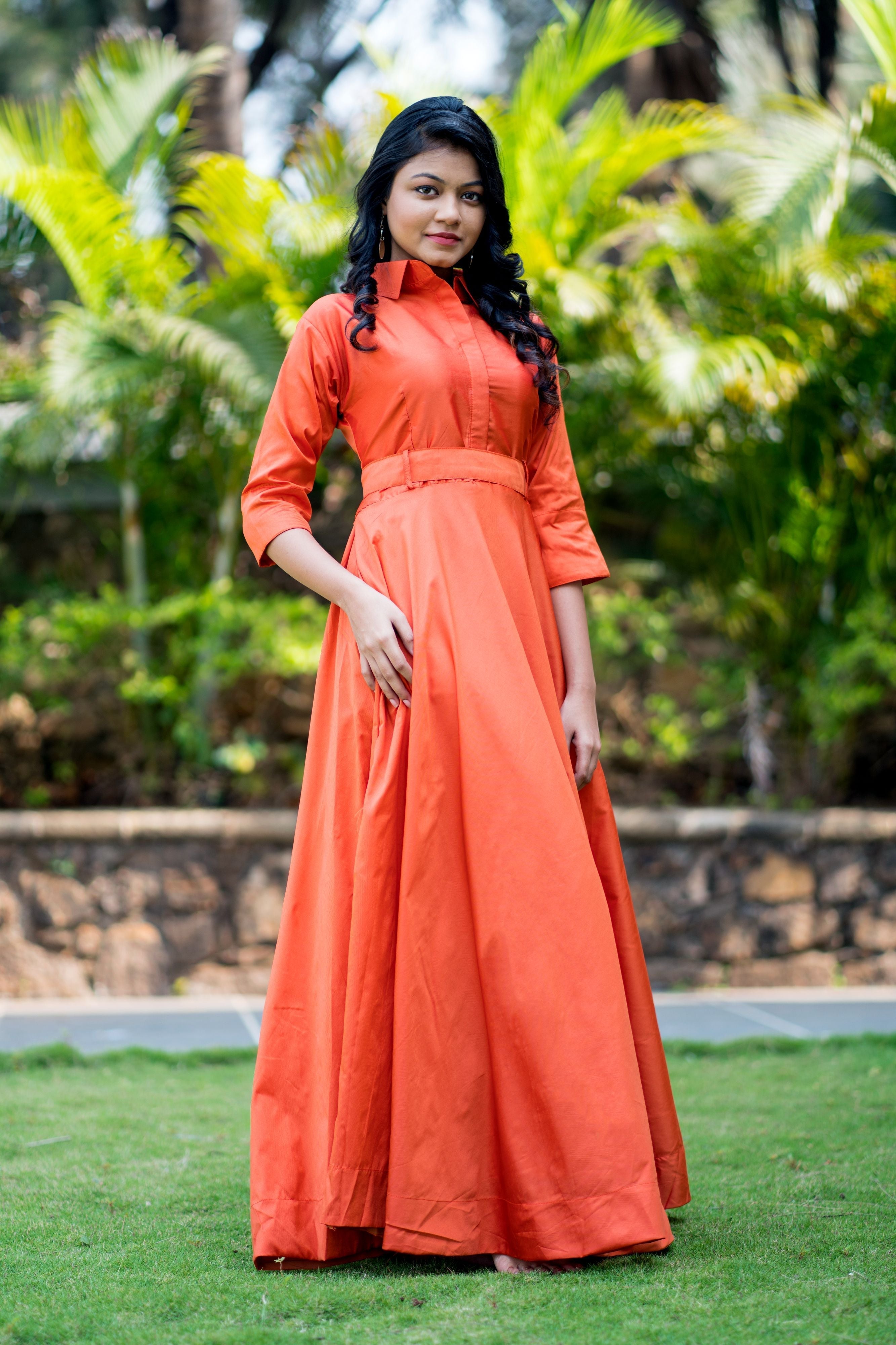 Designer Wear Copper Taffeta Silk Gown With Collar For Party and Office Wear- FunkyTeesClub