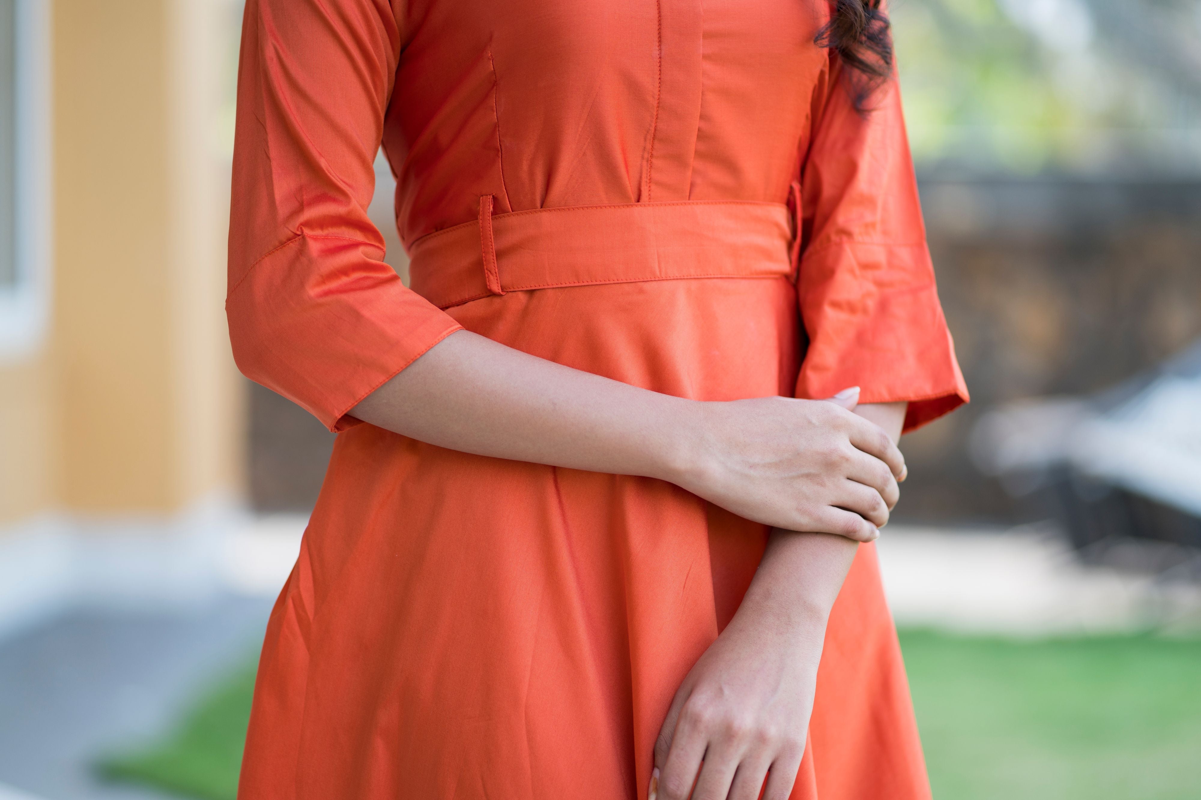 Designer Wear Copper Taffeta Silk Gown With Collar For Party and Office Wear- FunkyTeesClub