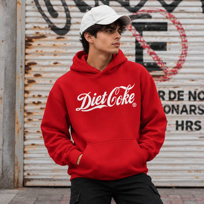 Men's pullover hoodie, red, front pocket, hood, Diet Coke script logo.