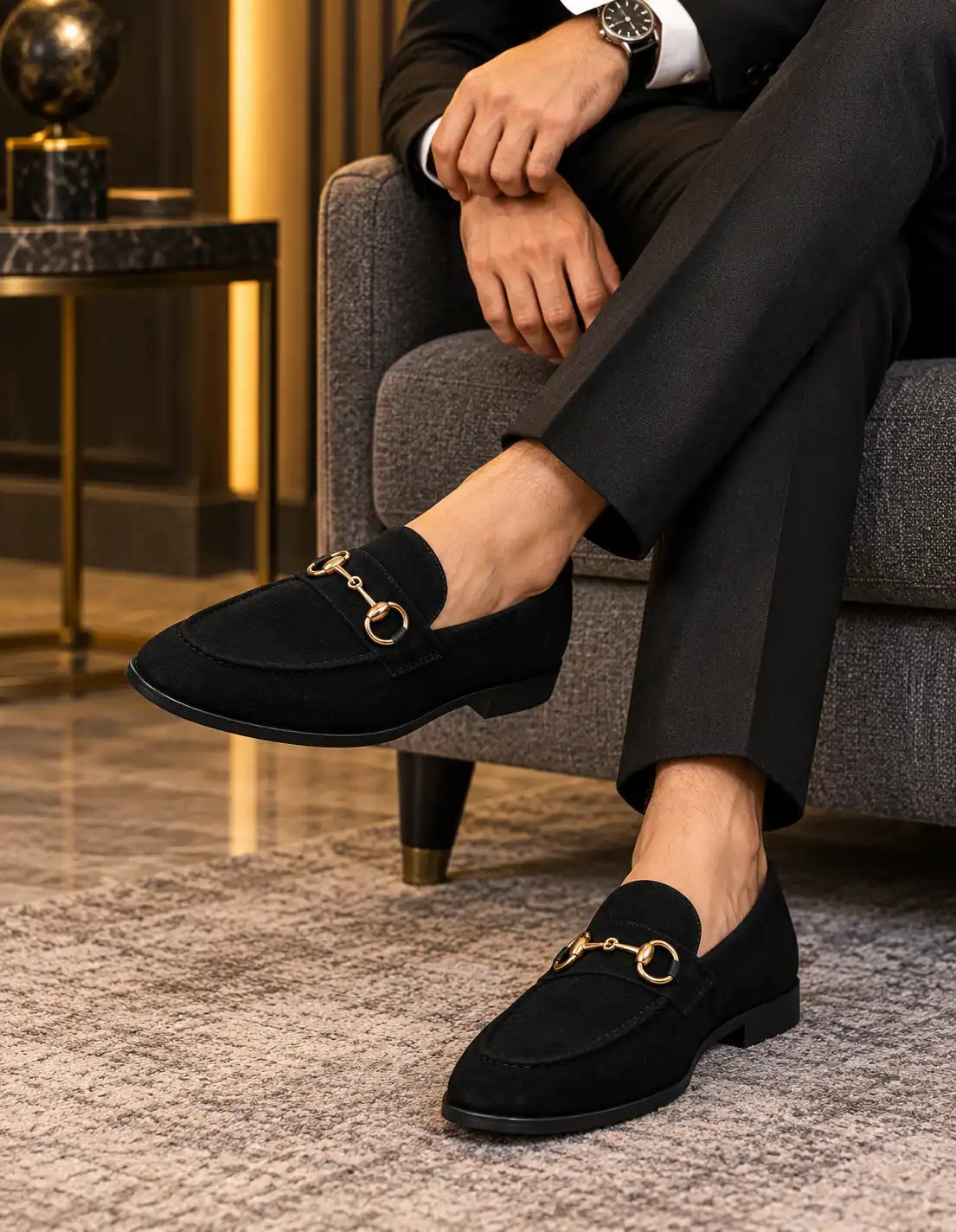 Premium Black Suede-Look Horsebit Moccasins for Men – Gold Metal Detail
