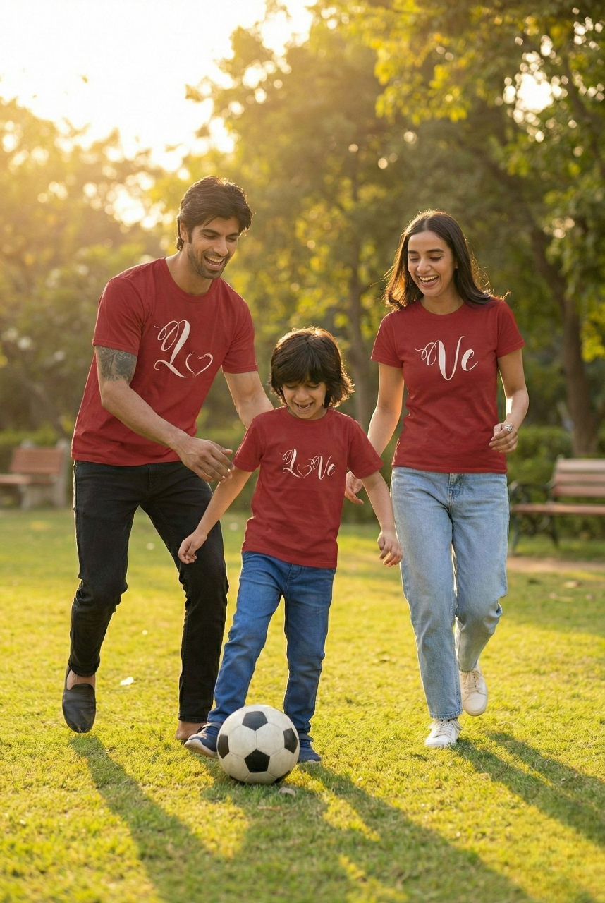 Family of three playing soccer in a park with trees and sunlight in the background