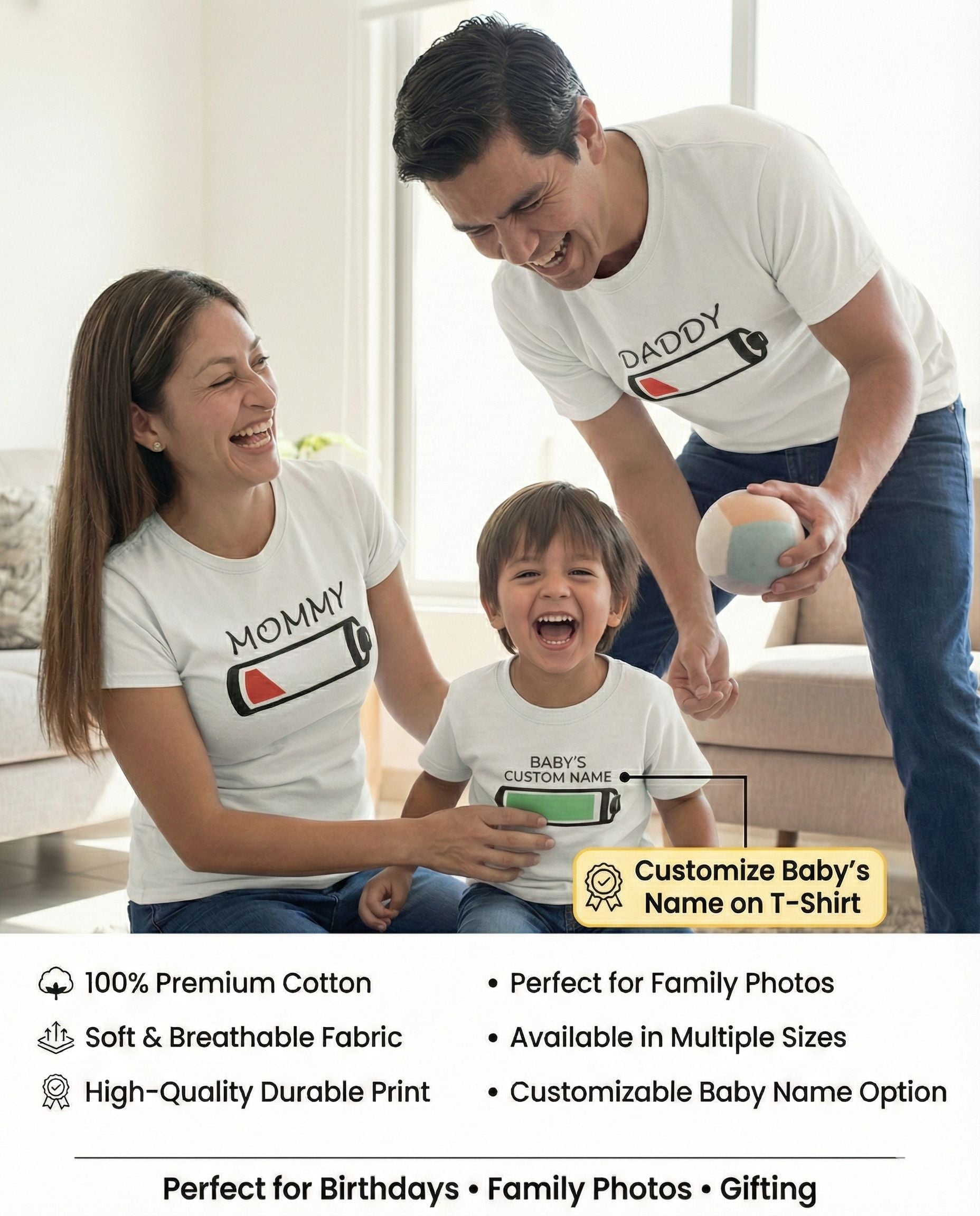 Family of three wearing matching 'Battery' Tshirts