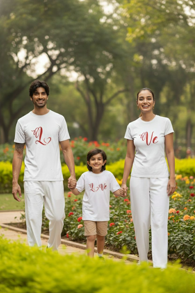 Family of three wearing matching white t-shirts 