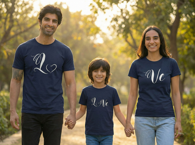 Family of three wearing navy blue t-shirts 