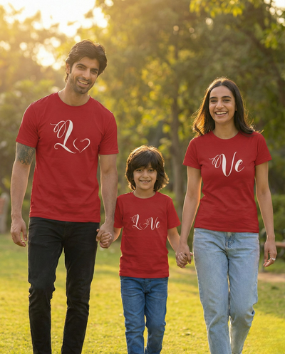 Family of three wearing red t-shirts with 'Love' printed on them