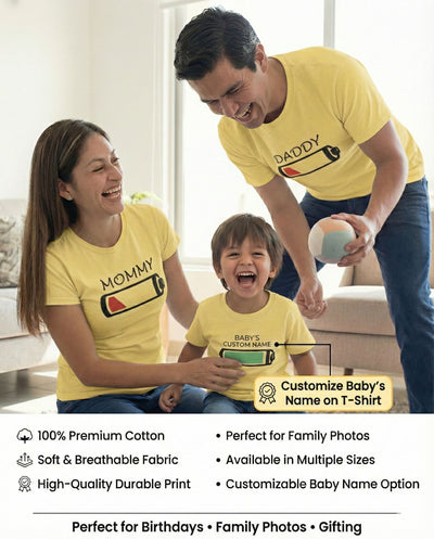 Family wearing matching yellow t-shirts with customizable text in a living room.