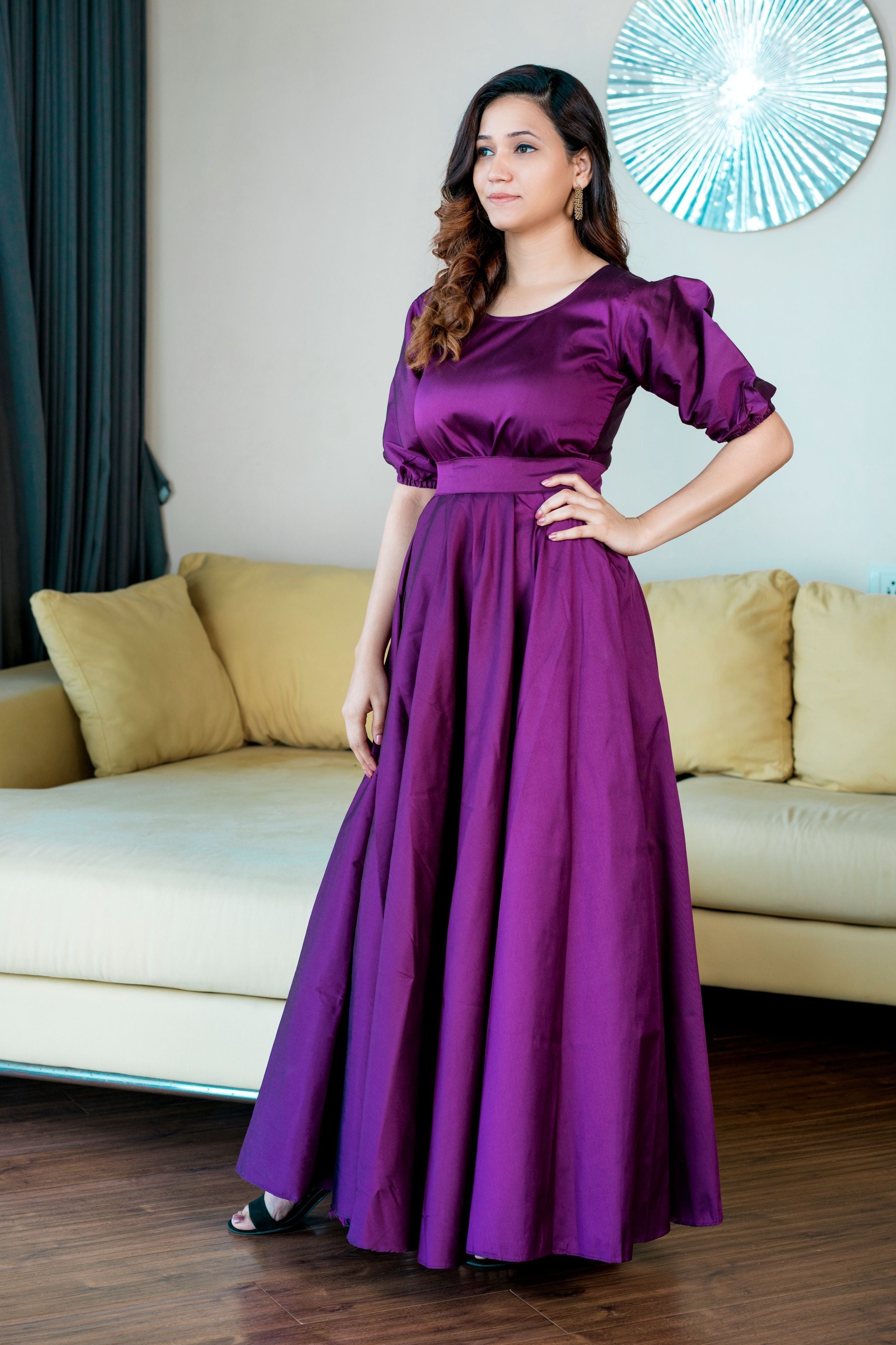 Women Purple Tapeta Silk Solid Floor Length Maxi Dress- FunkyTeesClub