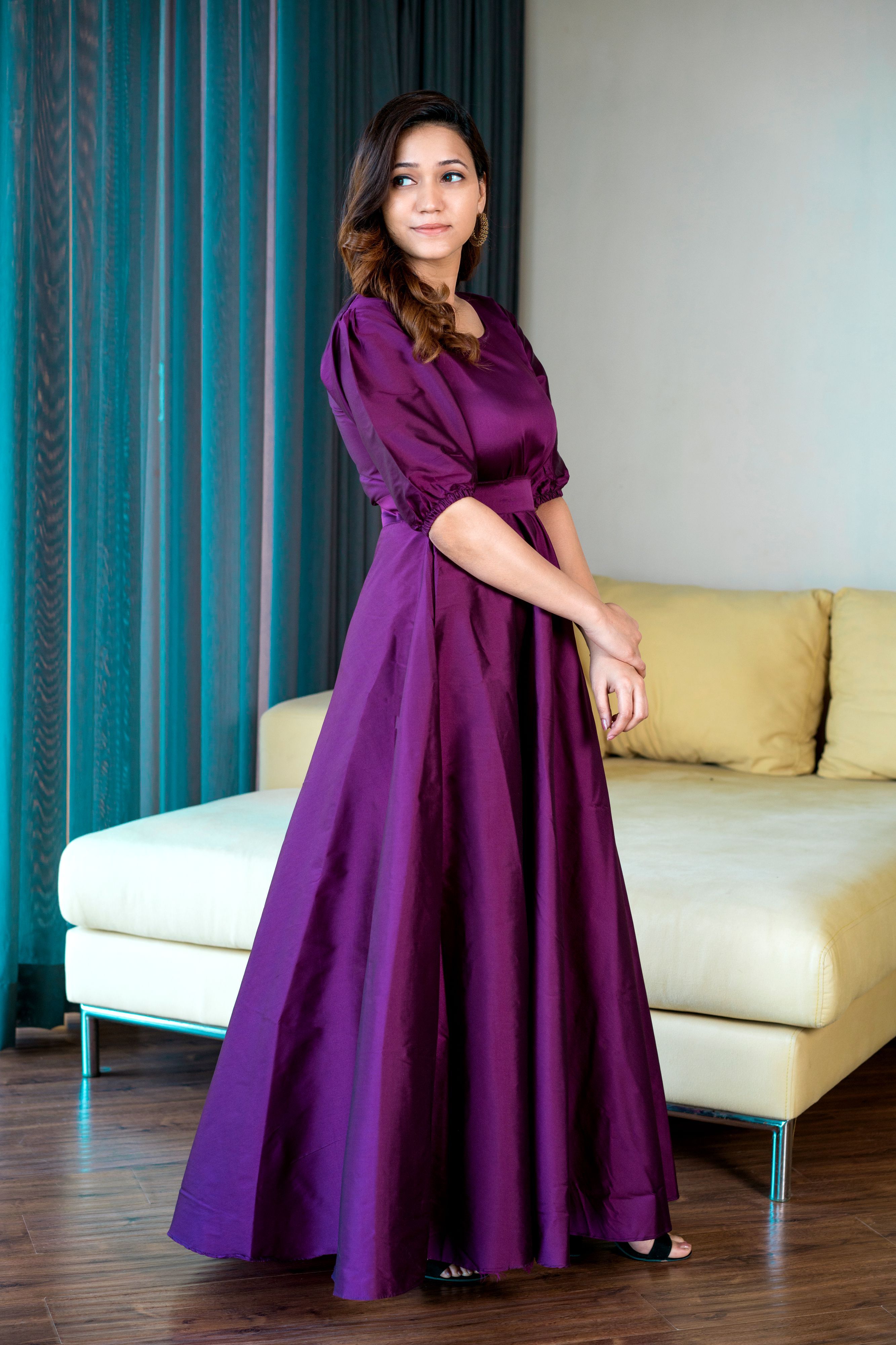 Women Purple Tapeta Silk Solid Floor Length Maxi Dress- FunkyTeesClub