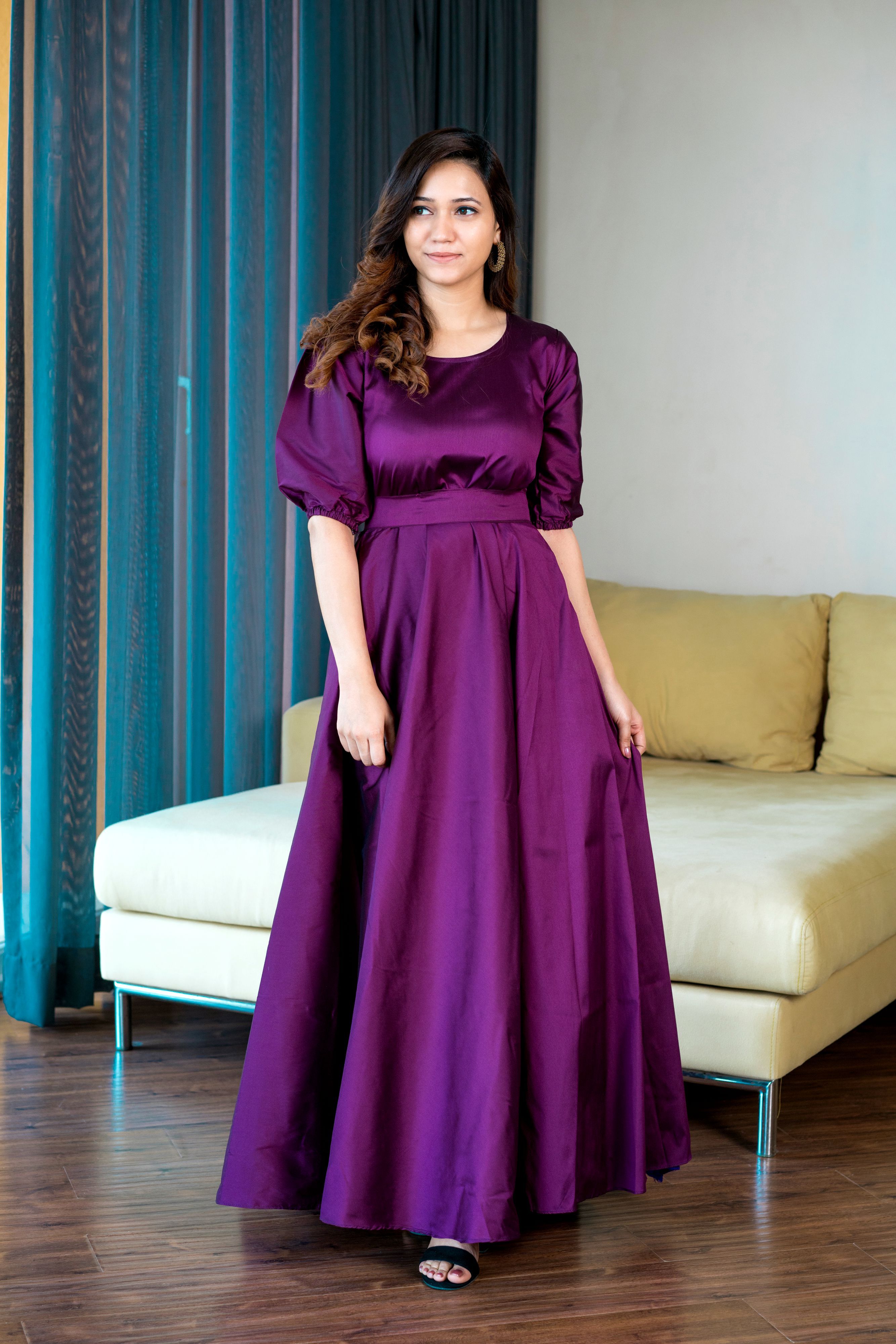 Women Purple Tapeta Silk Solid Floor Length Maxi Dress- FunkyTeesClub S