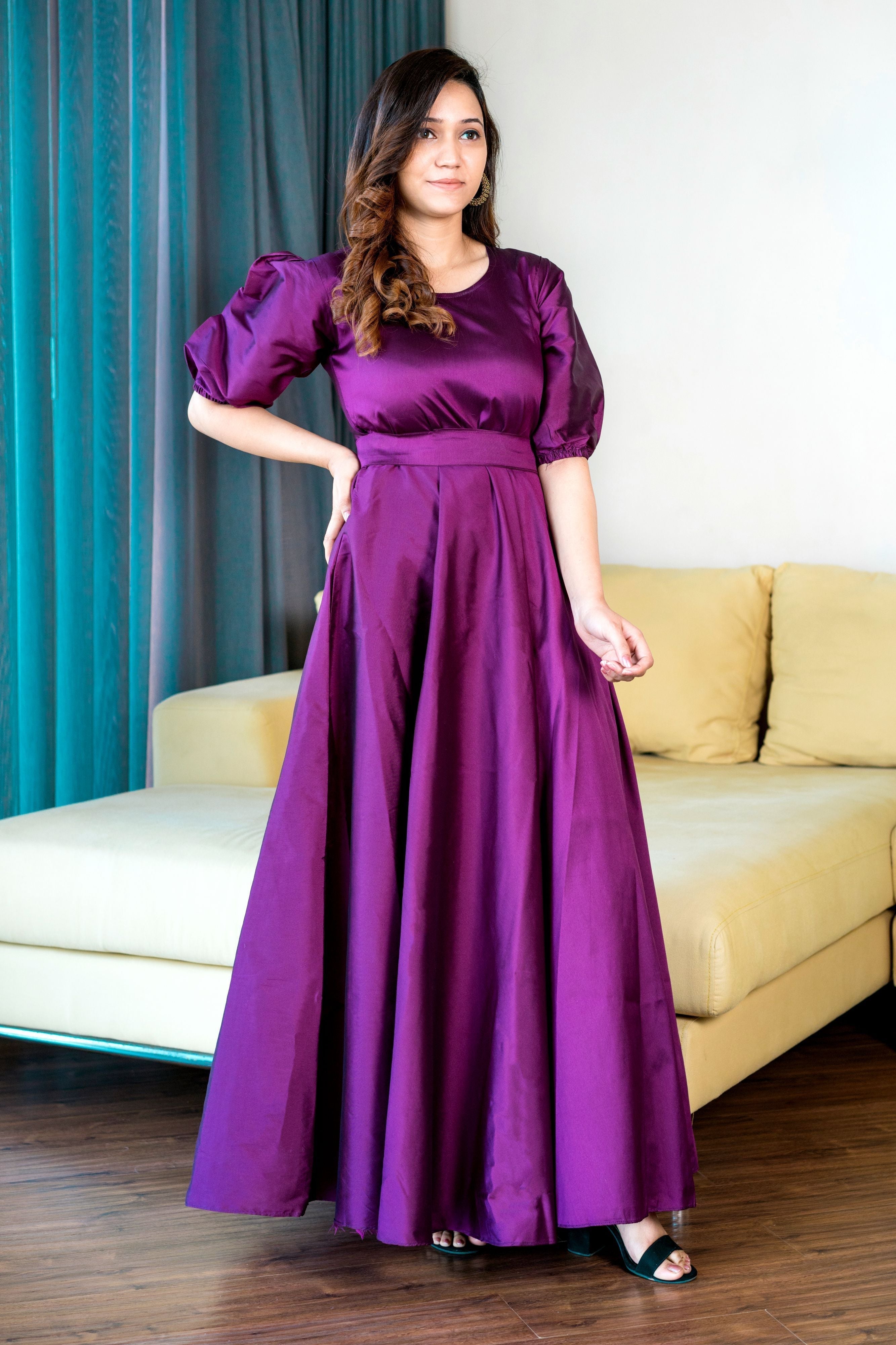 Women Purple Tapeta Silk Solid Floor Length Maxi Dress- FunkyTeesClub