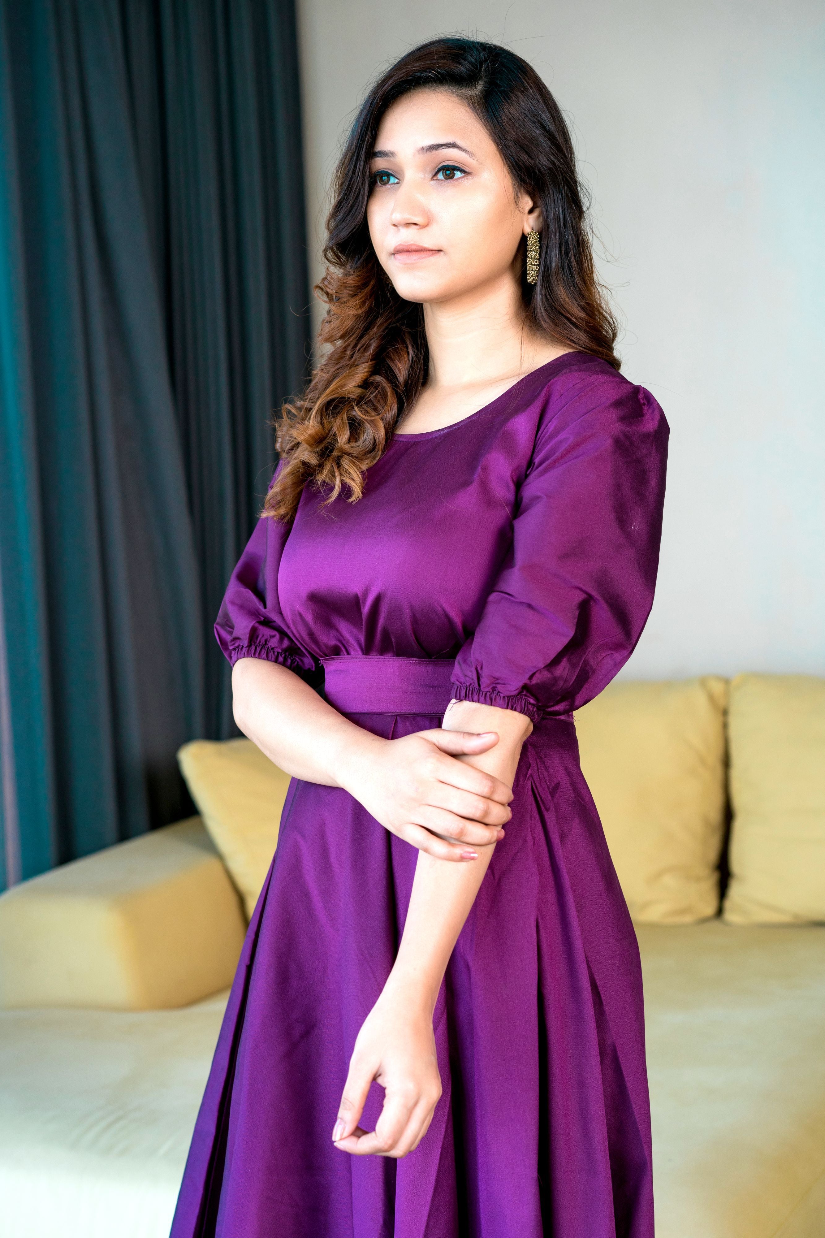 Women Purple Tapeta Silk Solid Floor Length Maxi Dress- FunkyTeesClub