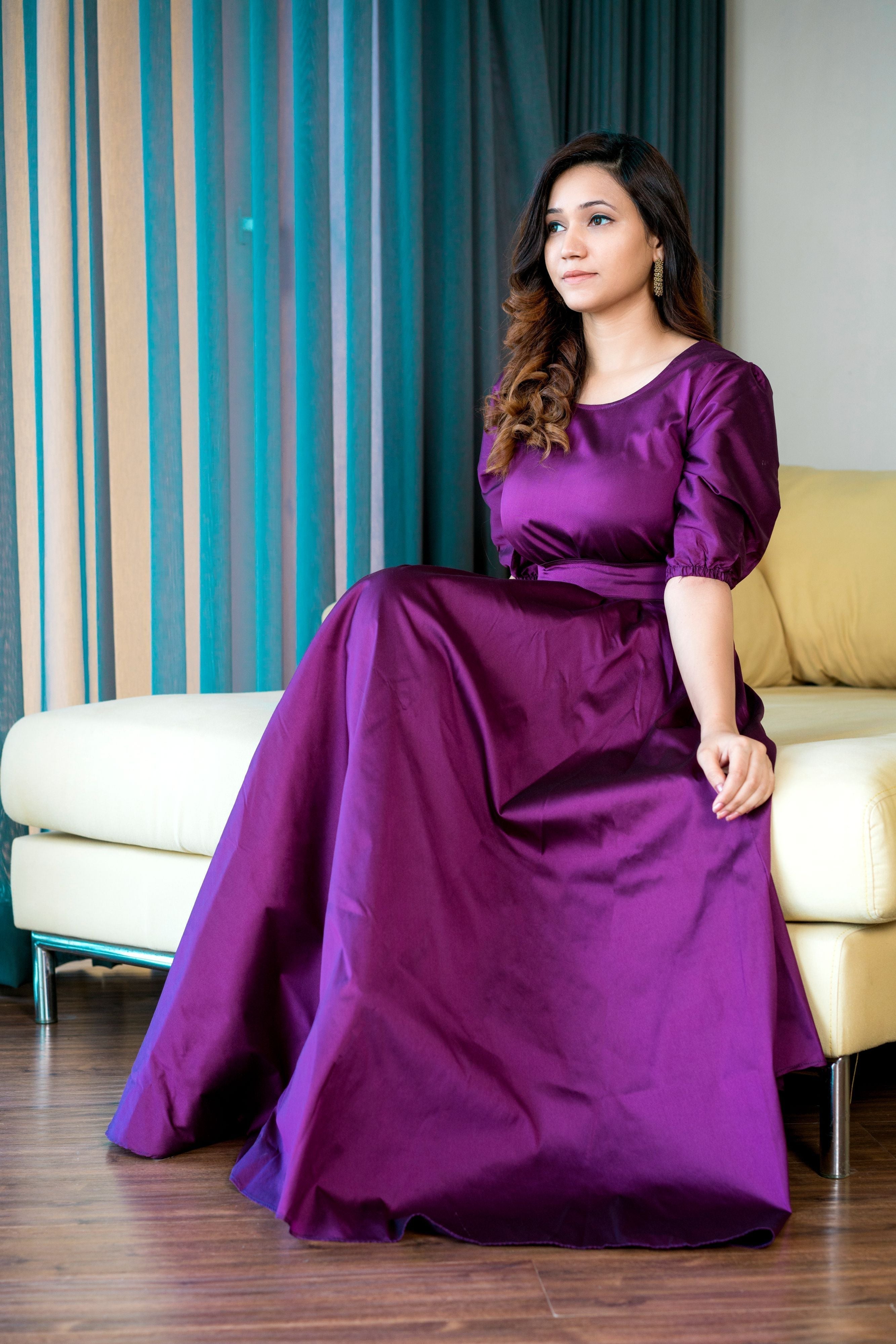 Women Purple Tapeta Silk Solid Floor Length Maxi Dress- FunkyTeesClub