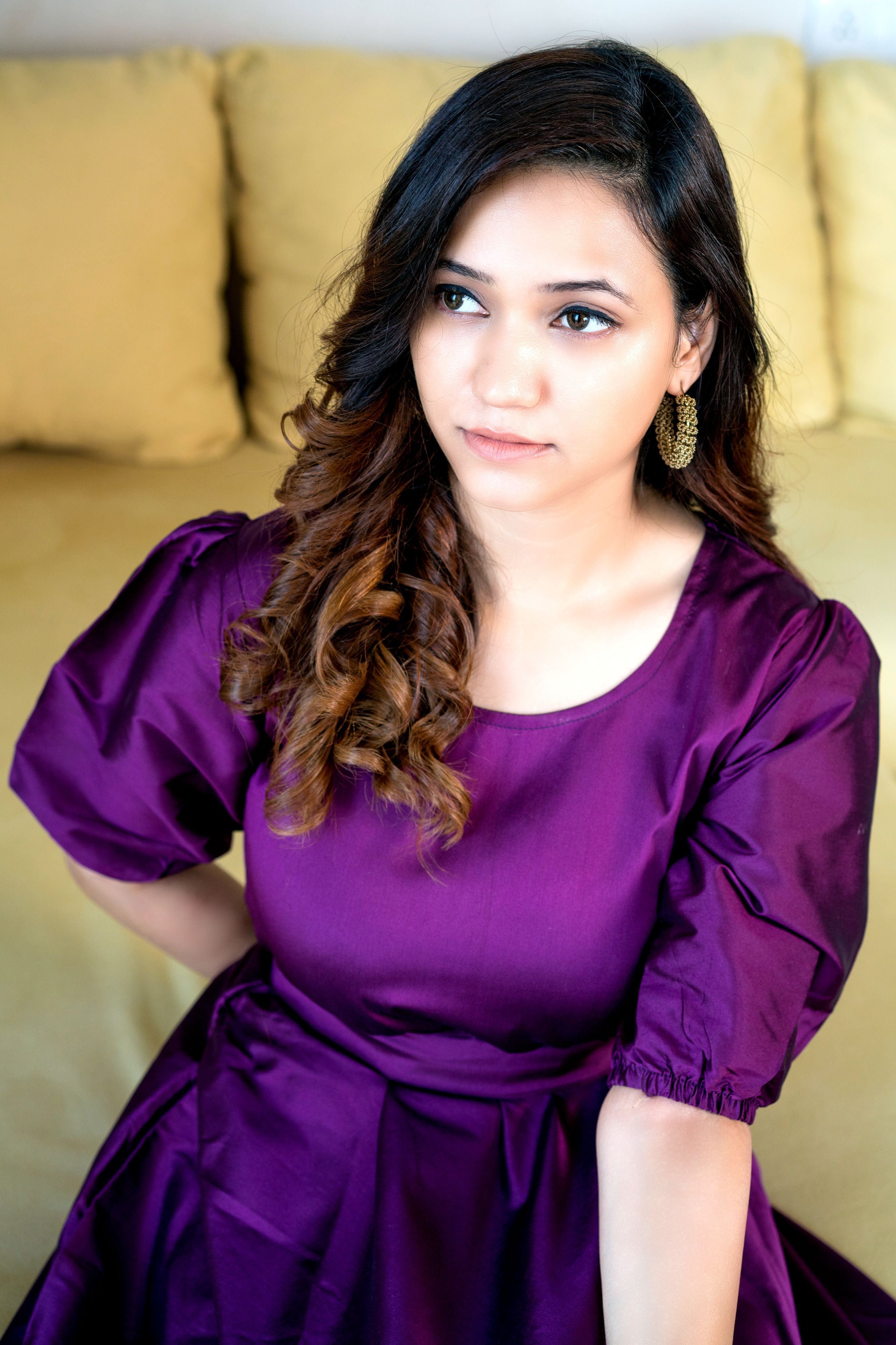 Women Purple Tapeta Silk Solid Floor Length Maxi Dress- FunkyTeesClub