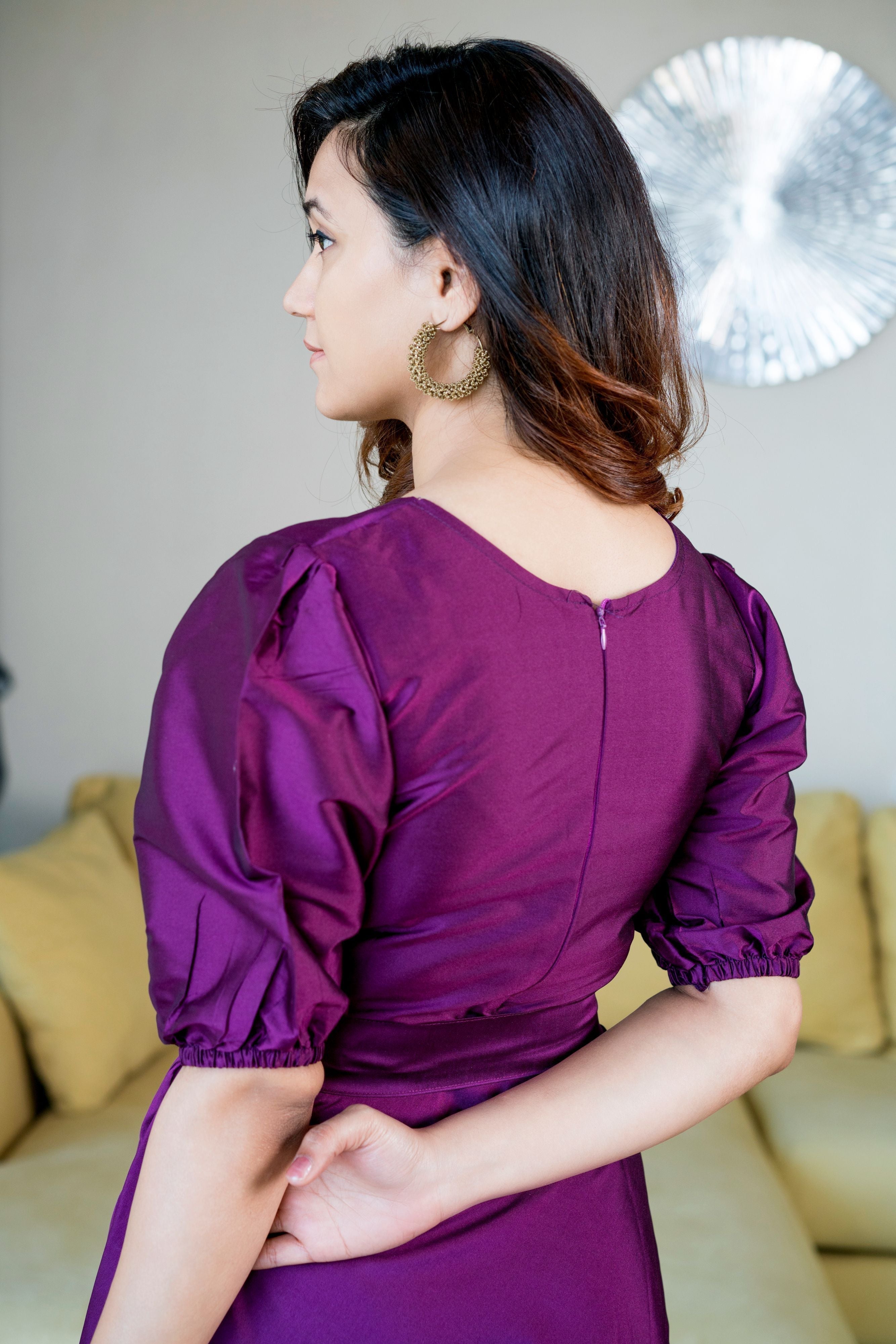 Women Purple Tapeta Silk Solid Floor Length Maxi Dress- FunkyTeesClub