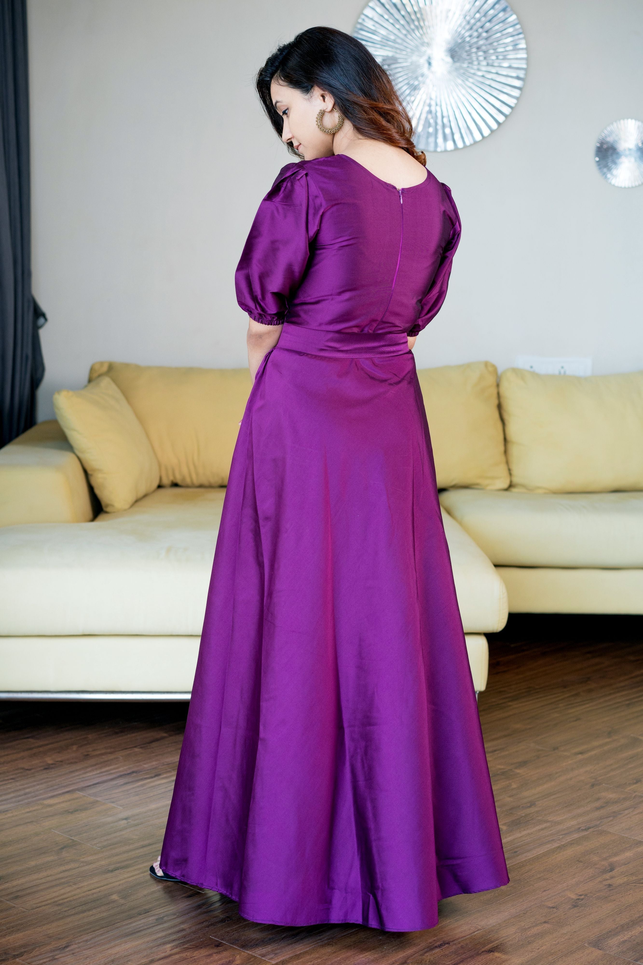 Women Purple Tapeta Silk Solid Floor Length Maxi Dress- FunkyTeesClub